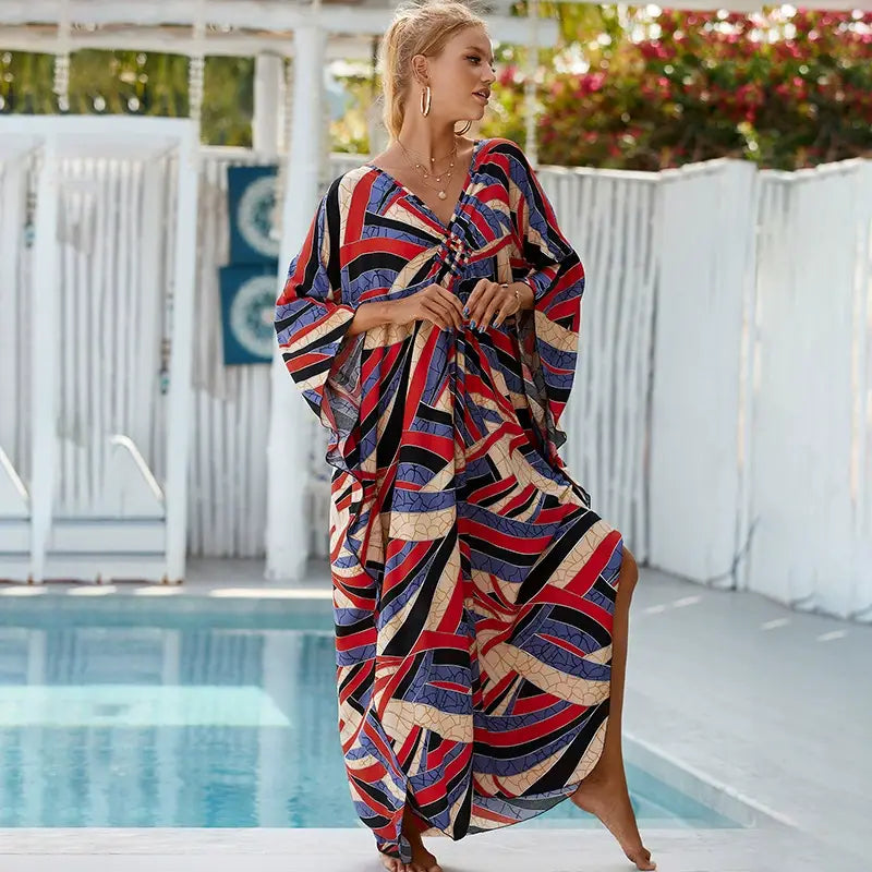 Kaftan Summer Dresses, Braided V-Neck - Multicolor, S-3XL