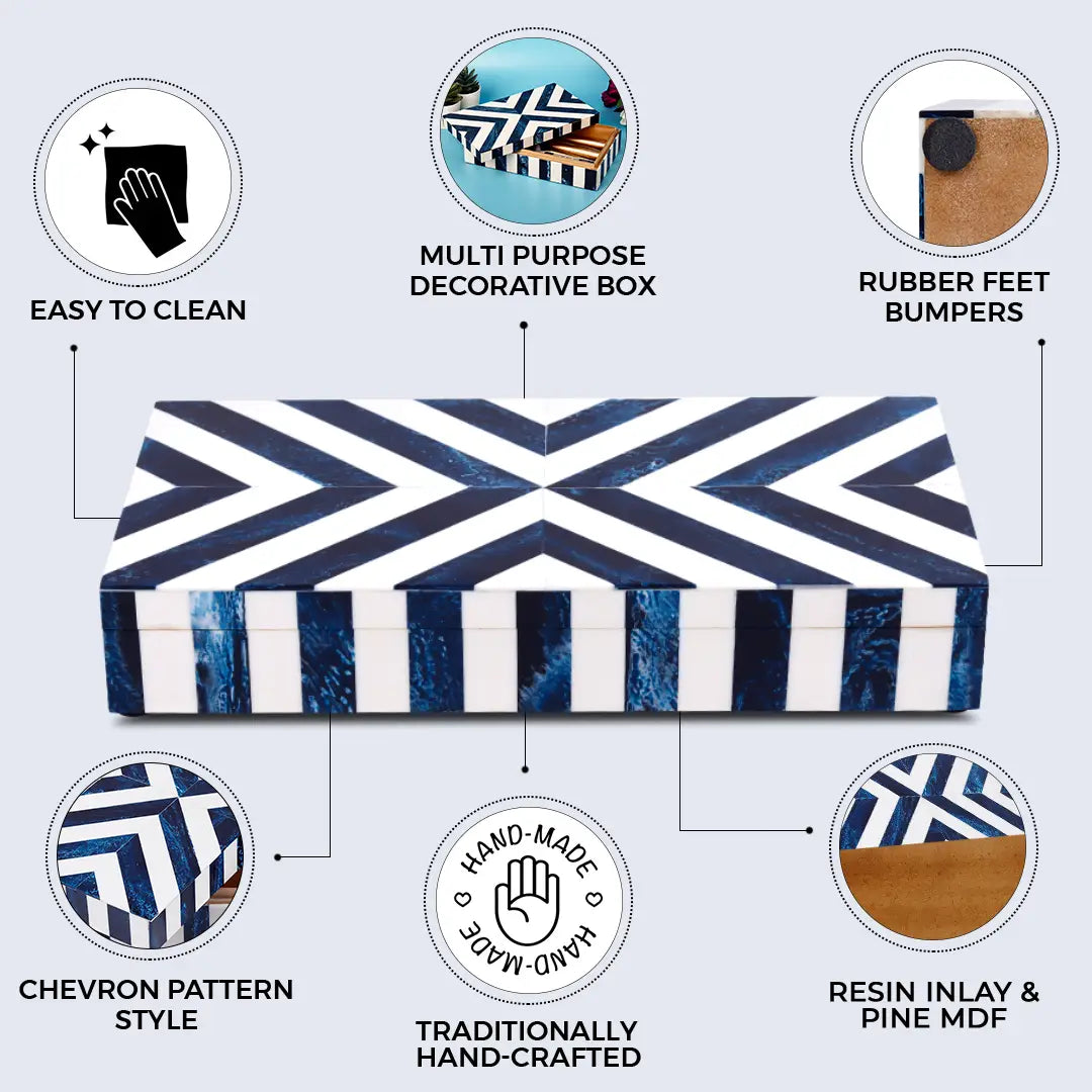Decorative Boxes Chevron Pattern Resin Inlay Collection in 6 Sizes, Blue & White