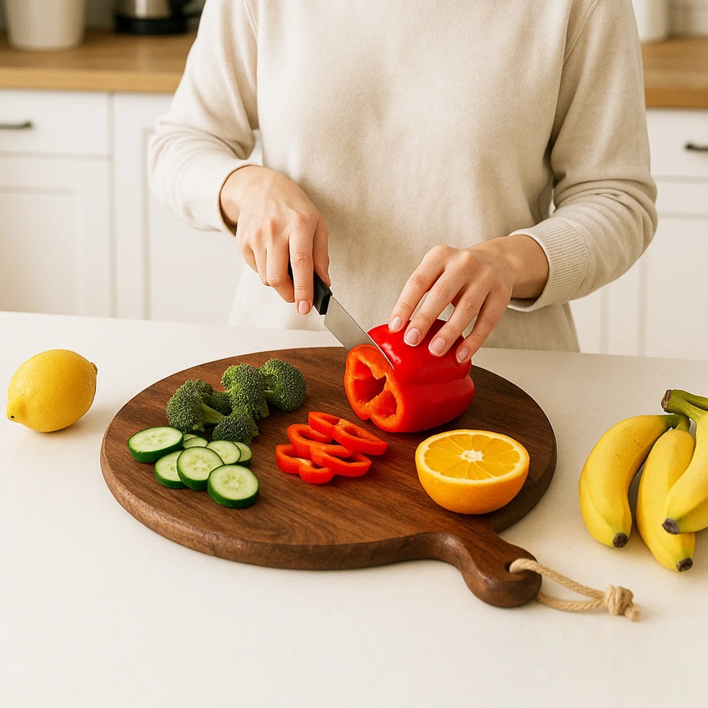 Chopping Board Round Paddle with Single Handle –Wood, in 14.75x11.75"
