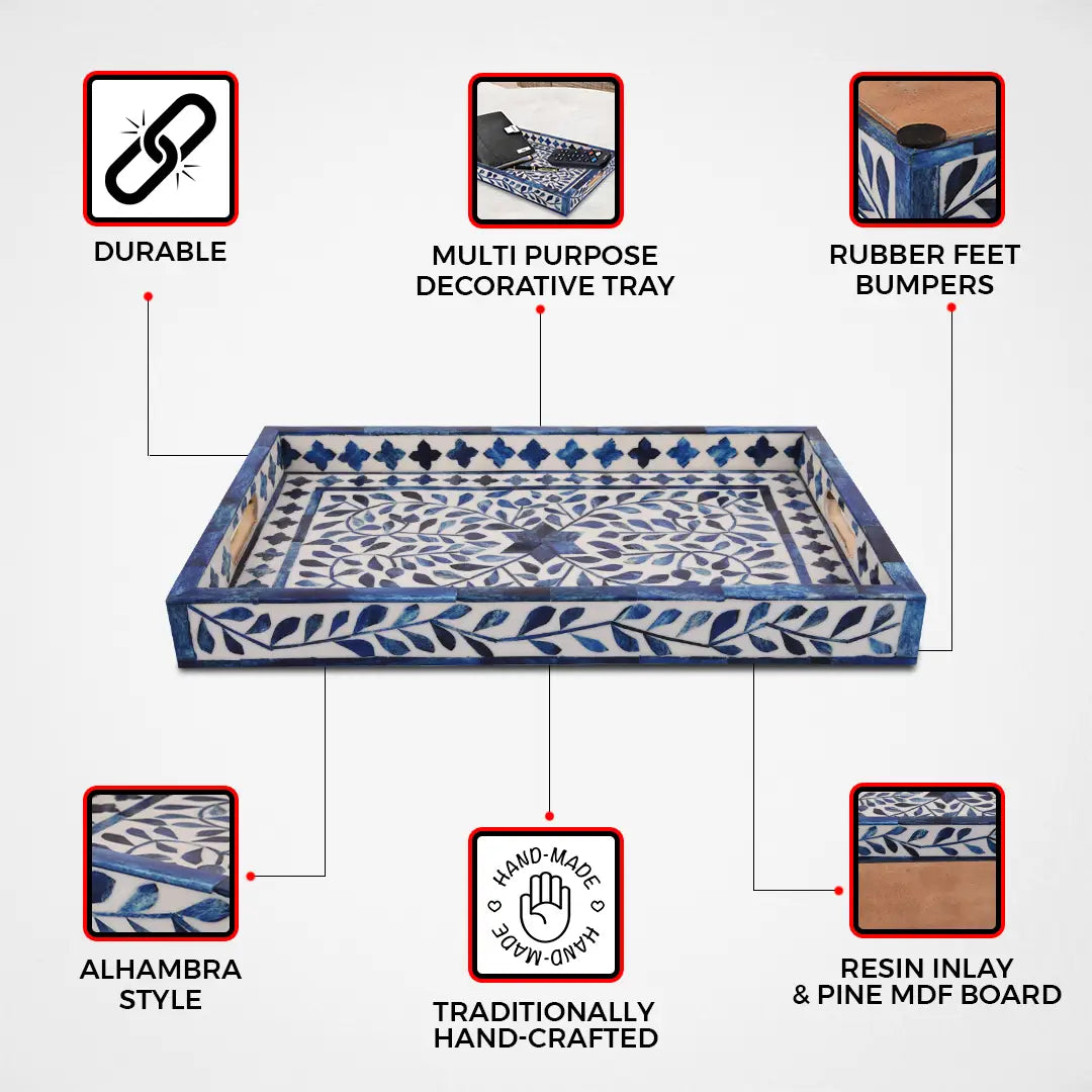 Decorative Trays Alhambra Azul Pattern Bone & Resin Inlay Collection in 2 Sizes