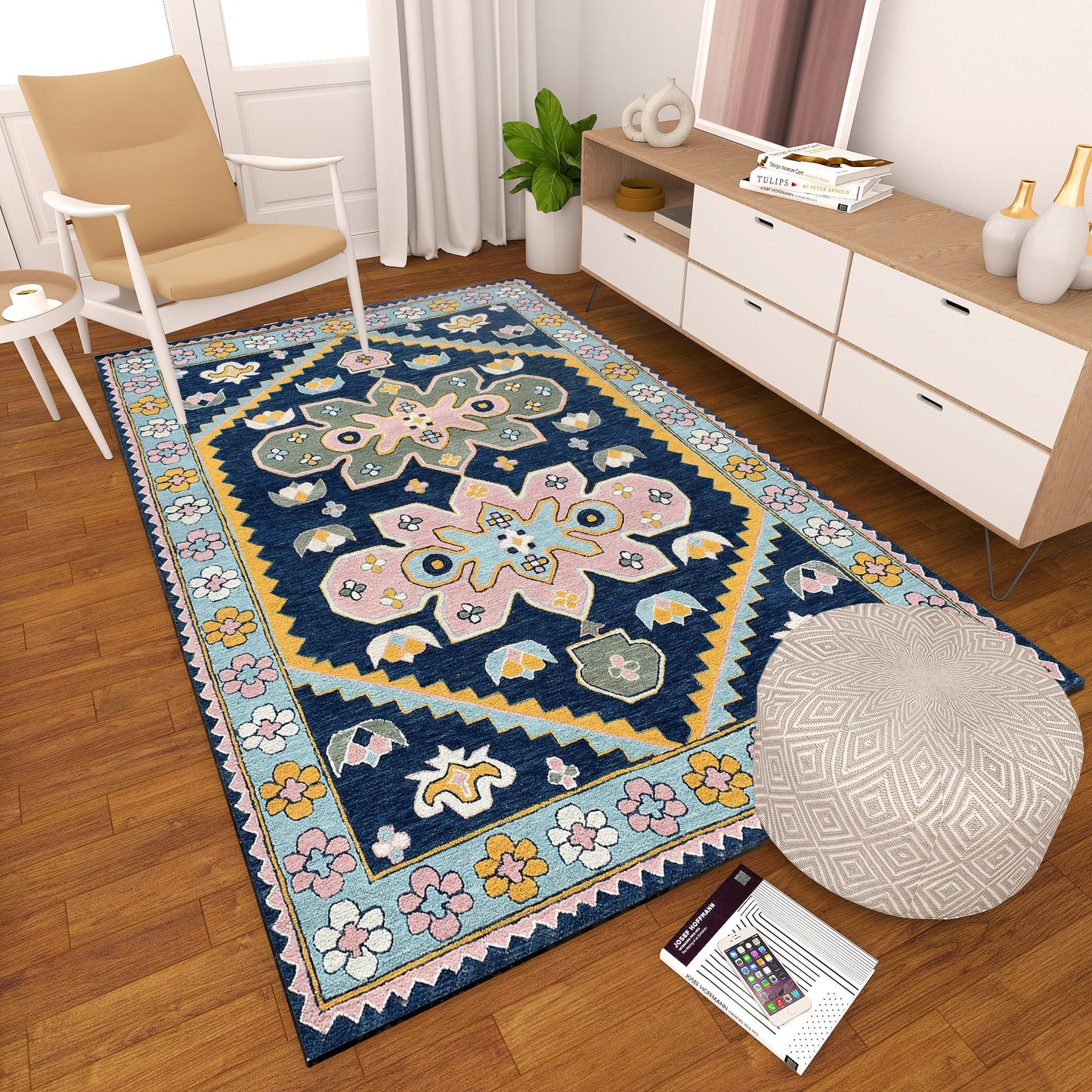 Premium Hand-Tufted Rug Made of 100% Wool - Lotus Bloom - 5x8 Feet