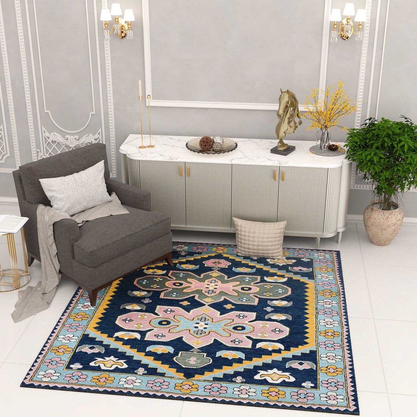 Premium Hand-Tufted Rug Made of 100% Wool - Lotus Bloom - 6x6 Feet