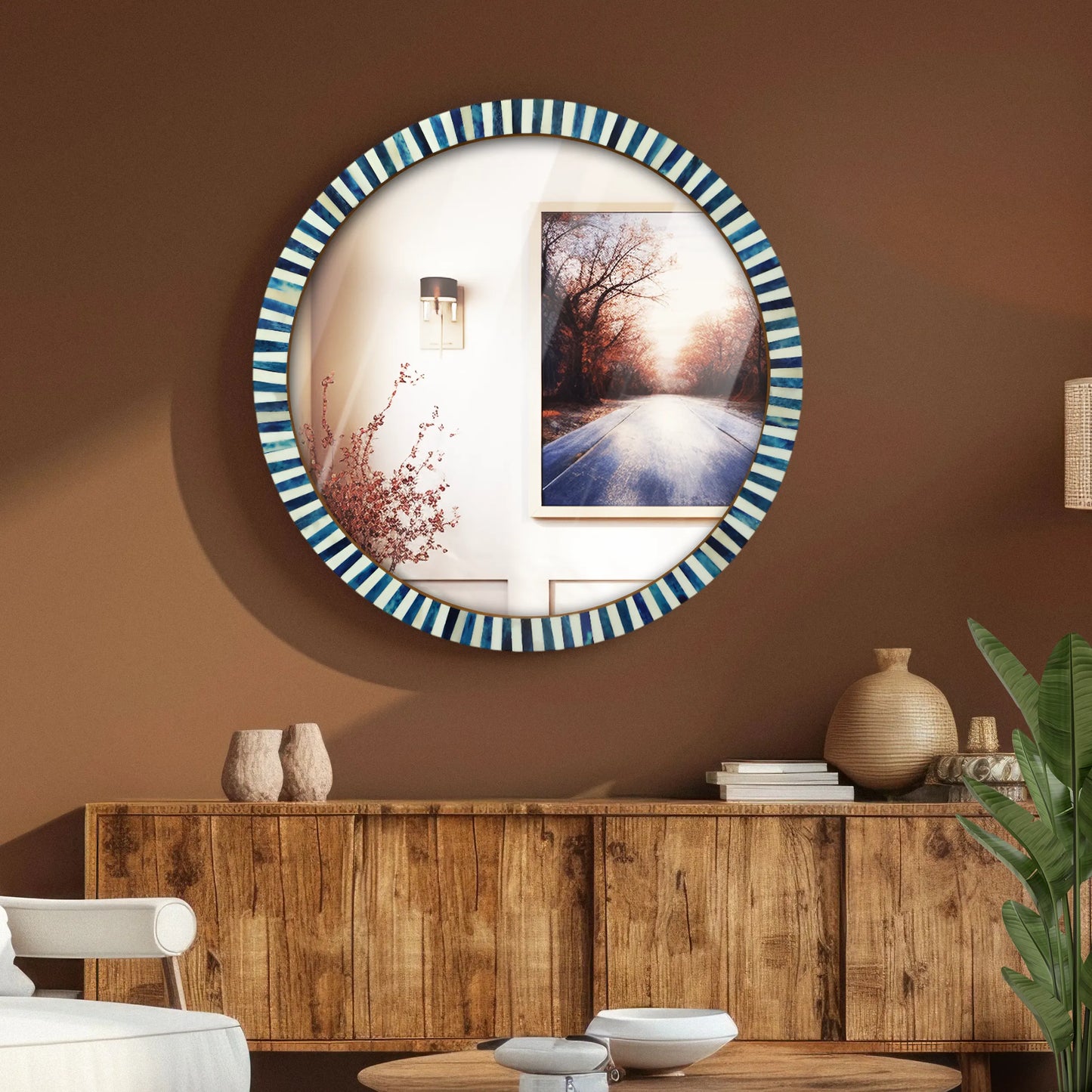 18" Round Black & White Striped Radial Pattern Wall Mirror