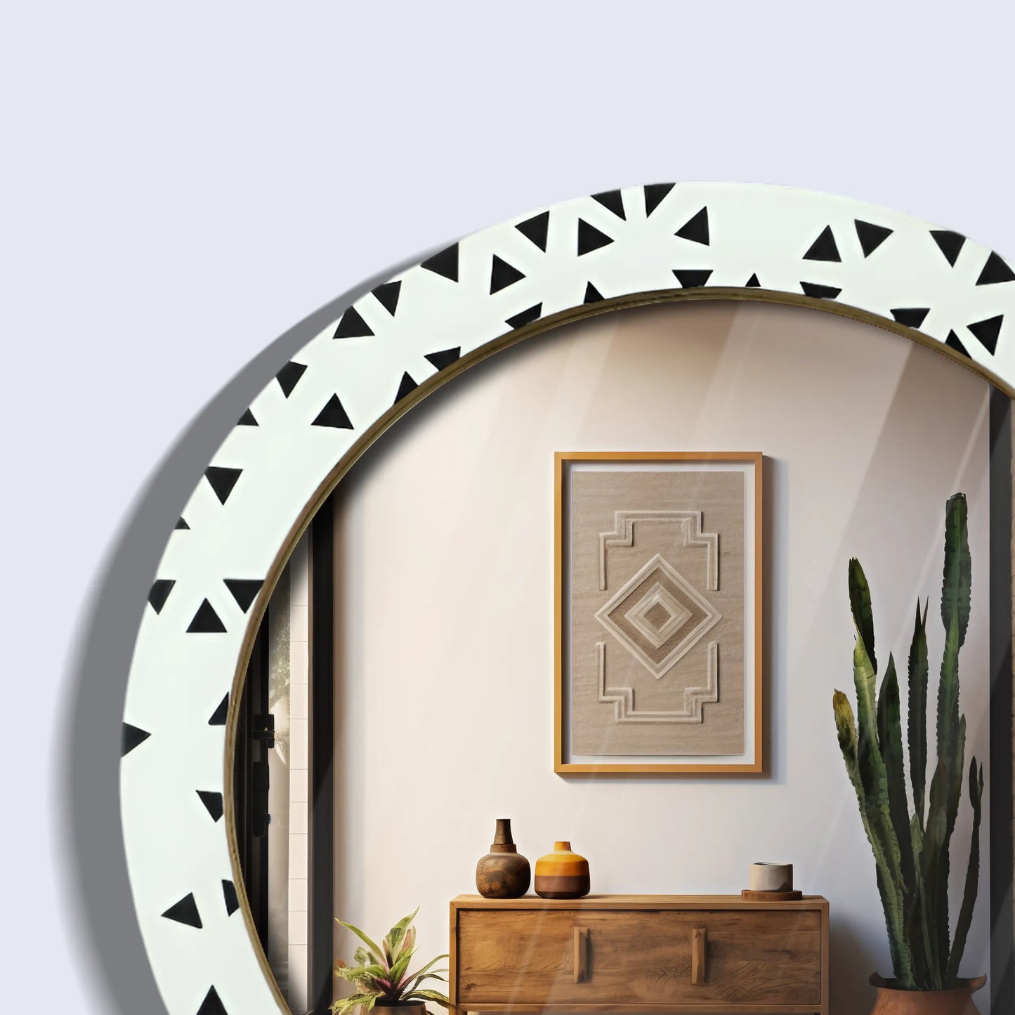 24" Round White & Black Geometric Triangle Pattern Wall Mirror