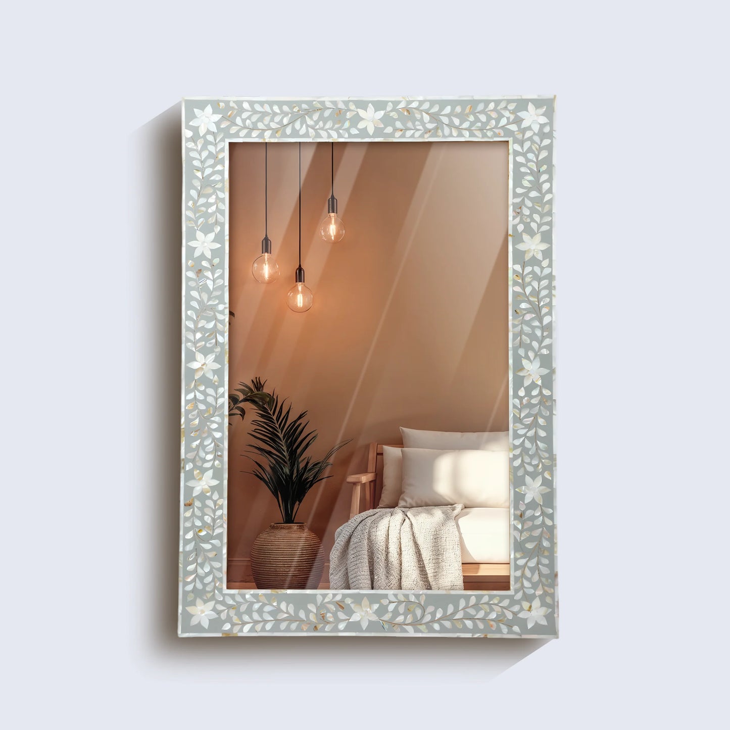 30x20" Rectangular Mother of Pearl & Resin Inlay Wall Hanging Mirror - White, Grey
