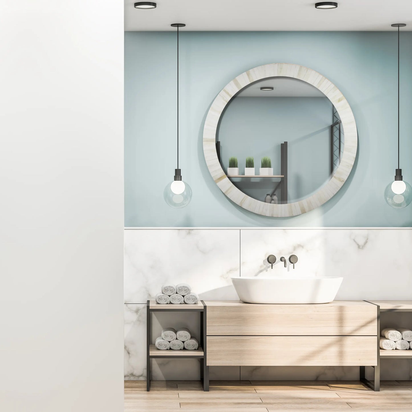 Bone Inlay Chaucer-Dame Round Wall Mirror, 28" Collection, White