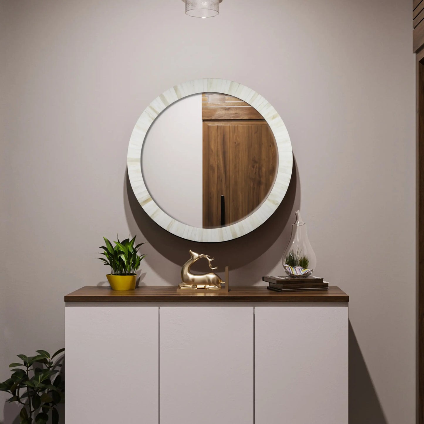 Bone Inlay Chaucer-Dame Round Wall Mirror, 28" Collection, White