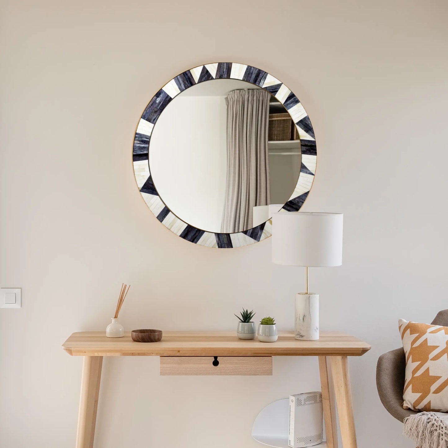 Bone Inlay Chaucer-Duchess Round Wall Mirror, 28" Collection, Charcoal Grey