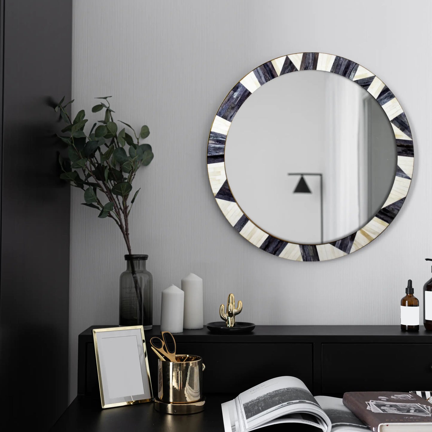Bone Inlay Chaucer-Duchess Round Wall Mirror, 28" Collection, Charcoal Grey