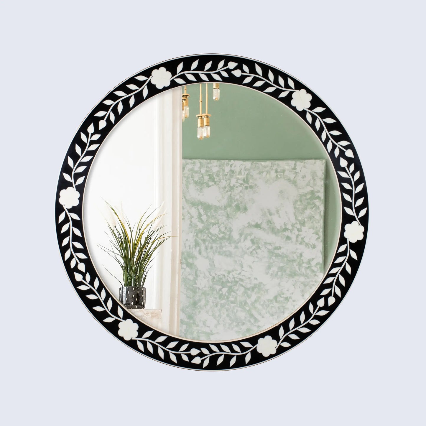 Bone Inlay Chaucer-Queen Round Wall Mirror, 28" Collection, Black and White