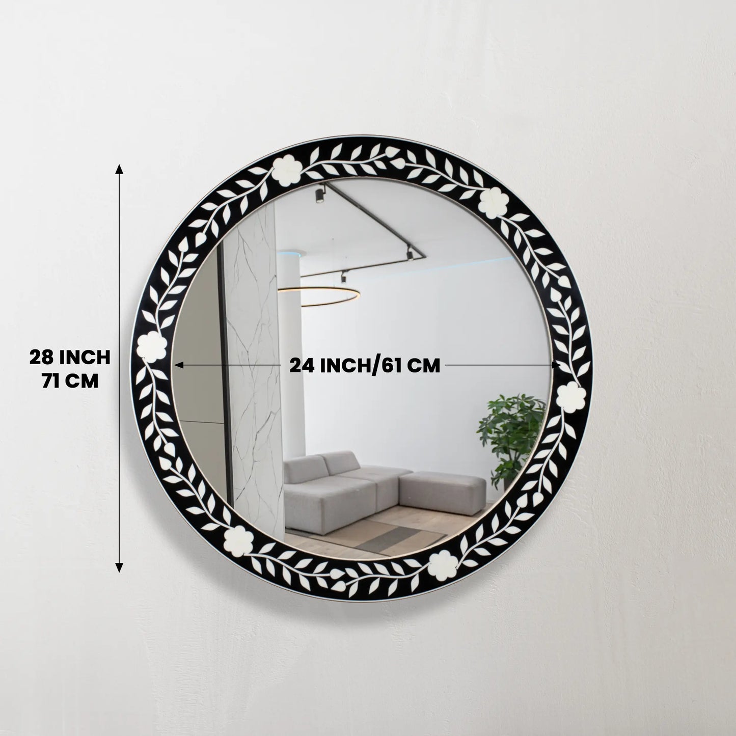 Bone Inlay Chaucer-Queen Round Wall Mirror, 28" Collection, Black and White