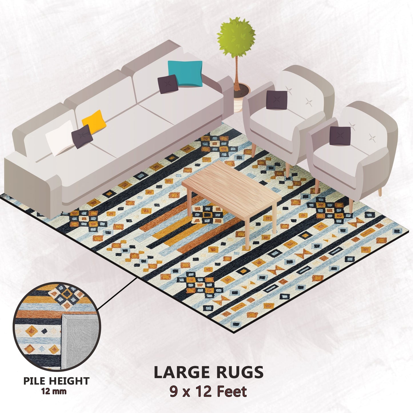 Premium Hand-Tufted Rug Made of 100% Wool - Ojo De Dios - 9x12 Feet