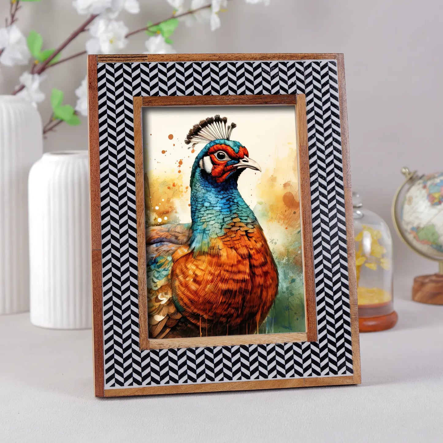Chevron Herringbone Resin Inlay Picture Frame with Wooden Border, Black & White – Wholesale picture frames