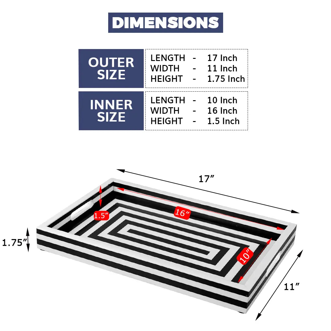 Decorative Trays Concentrics Pattern Resin Inlay Collection in 2 Sizes, Black & White