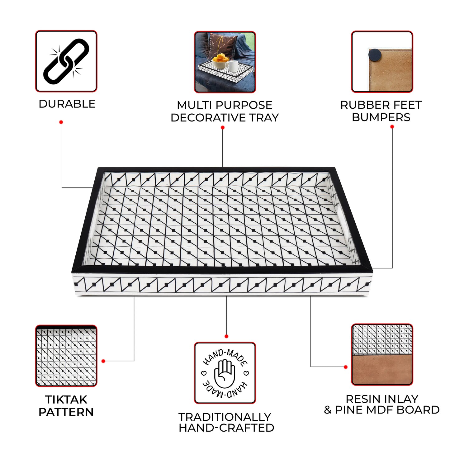 Decorative Trays Illusion Tiktak Pattern Resin Inlay Collection in 11x17, Black & White