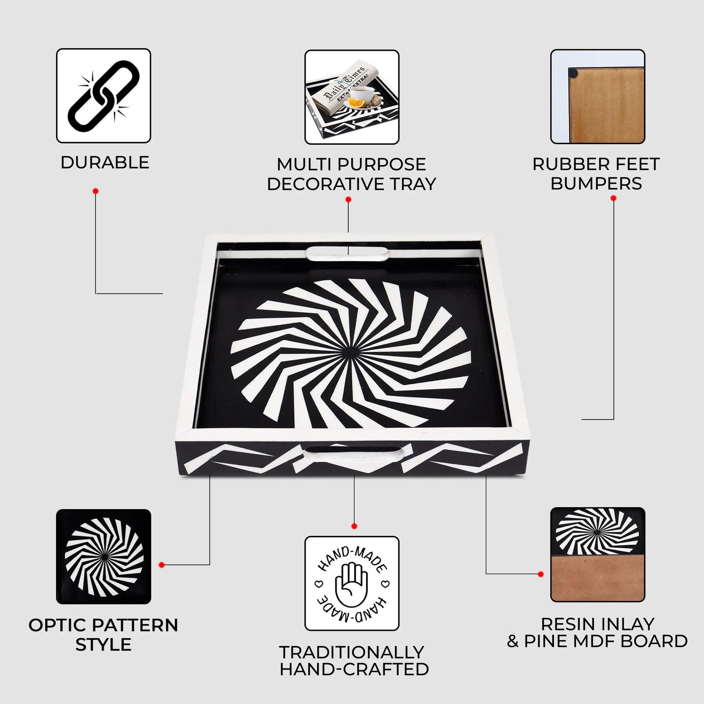 Decorative Trays Illusion Optic Pattern Resin Inlay Collection in 12x12, Black & White