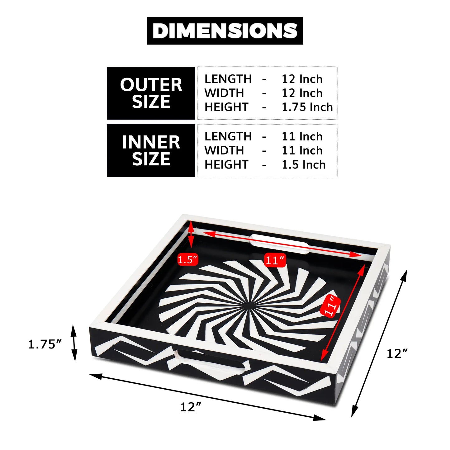 Decorative Trays Illusion Optic Pattern Resin Inlay Collection in 12x12, Black & White