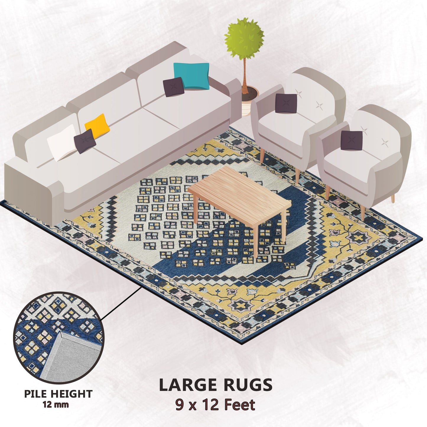 Premium Hand-Tufted Rug Made of 100% Wool - Tatar Folk - 9x12 Feet