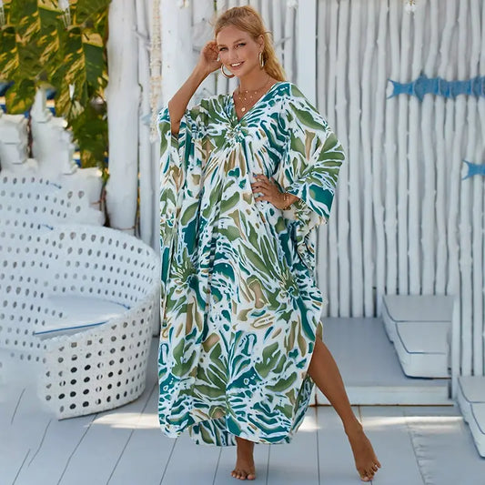 Kaftan Summer Dresses, Braided V-Neck - Green Abstract S-3XL