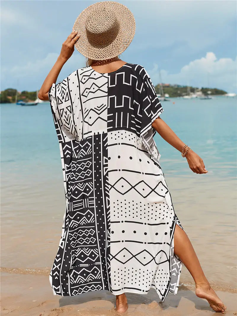 Kaftan Summer Dresses Tribal, Tassel Strings waist -Black & White, S-3XL