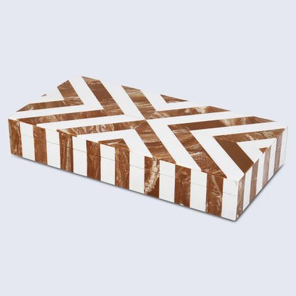 Decorative Boxes Chevron Pattern Bone Inlay Collection in 6 Sizes, Brown & White