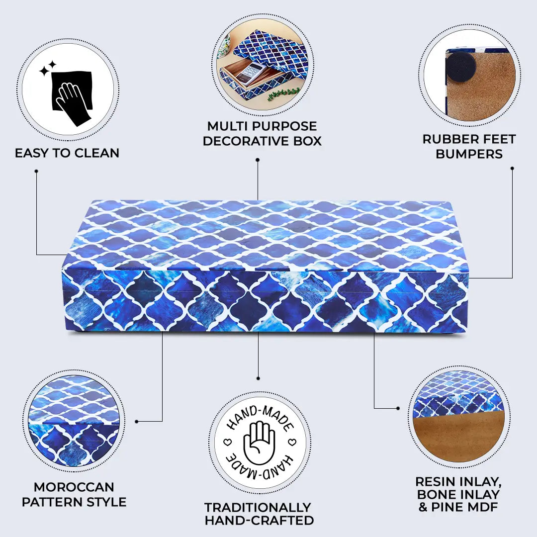 Decorative Boxes Moroccan Pattern Bone & Resin Inlay Collection in 7 Sizes, Blue & White