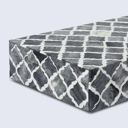 Decorative Boxes Moroccan Pattern Bone & Resin Inlay Collection in 7 Sizes, Grey & White