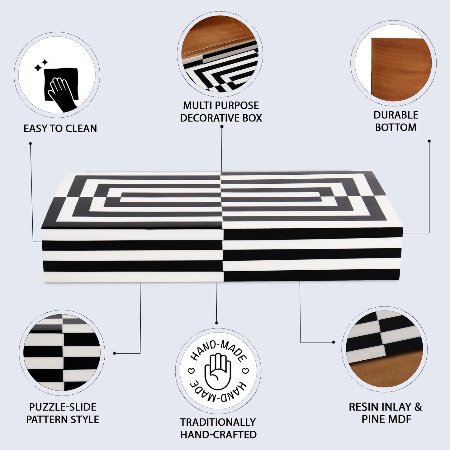 Decorative Boxes Puzzle Slide Pattern Resin Inlay Collection in 7 Sizes, Black & White