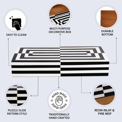 Decorative Boxes Puzzle Slide Pattern Resin Inlay Collection in 7 Sizes, Black & White