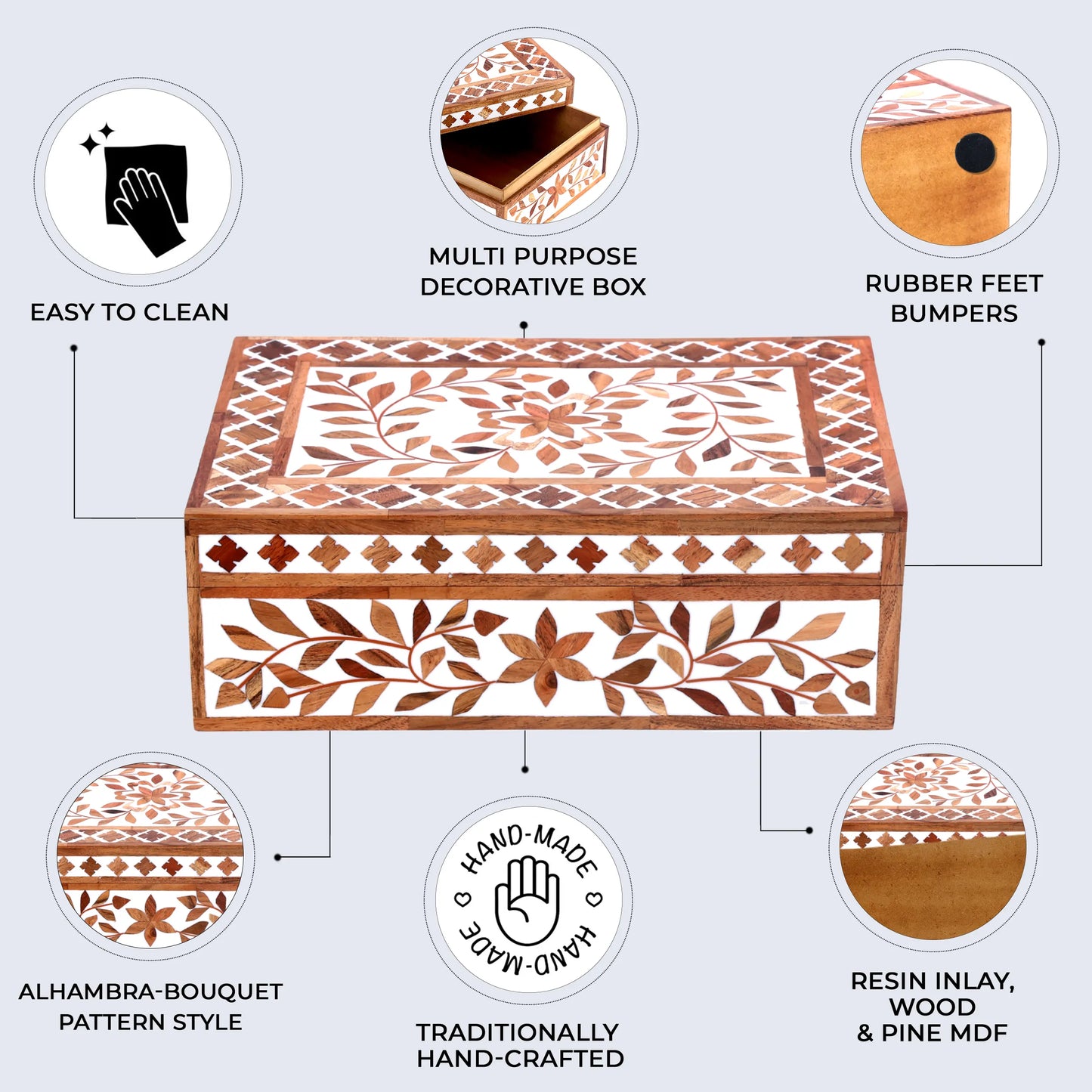 Decorative Boxes Alhambra Bouquet Pattern Wood & Resin Inlay Collection in 12 x 8 x 4 inch