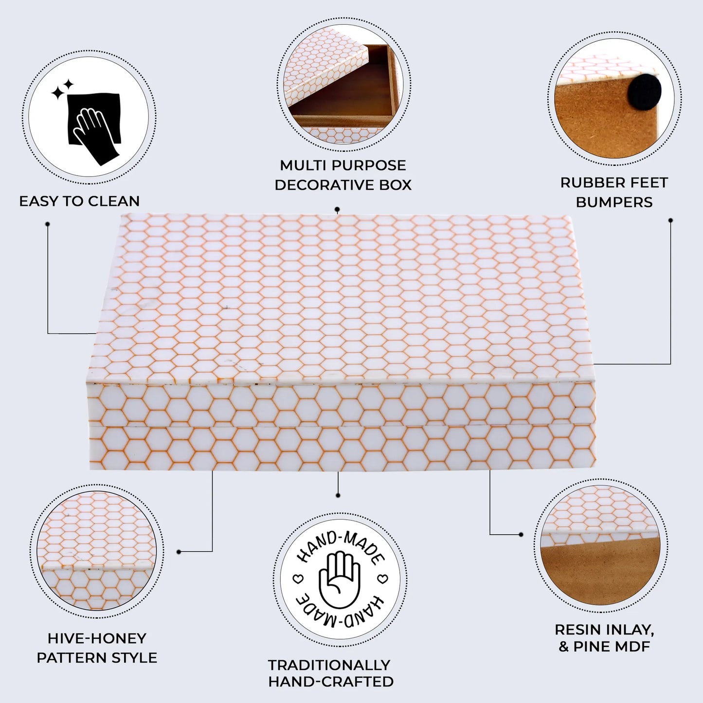 Decorative Box Hive Honey Pattern Resin Inlay Collection 8 x 6 x 1.5 inch