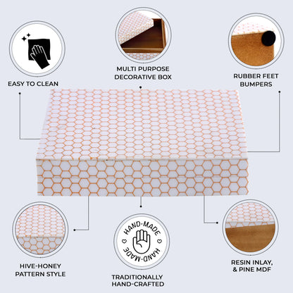 Decorative Box Hive Honey Pattern Resin Inlay Collection 8 x 6 x 1.5 inch