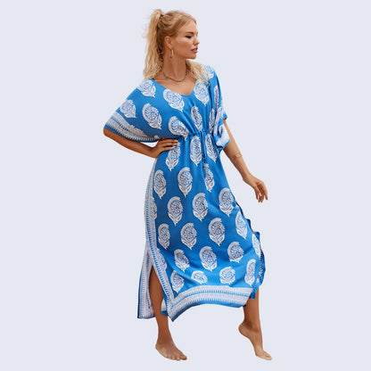 Floral Kaftan Summer Dresses, Tassel Strings waist -Blue, S-3XL