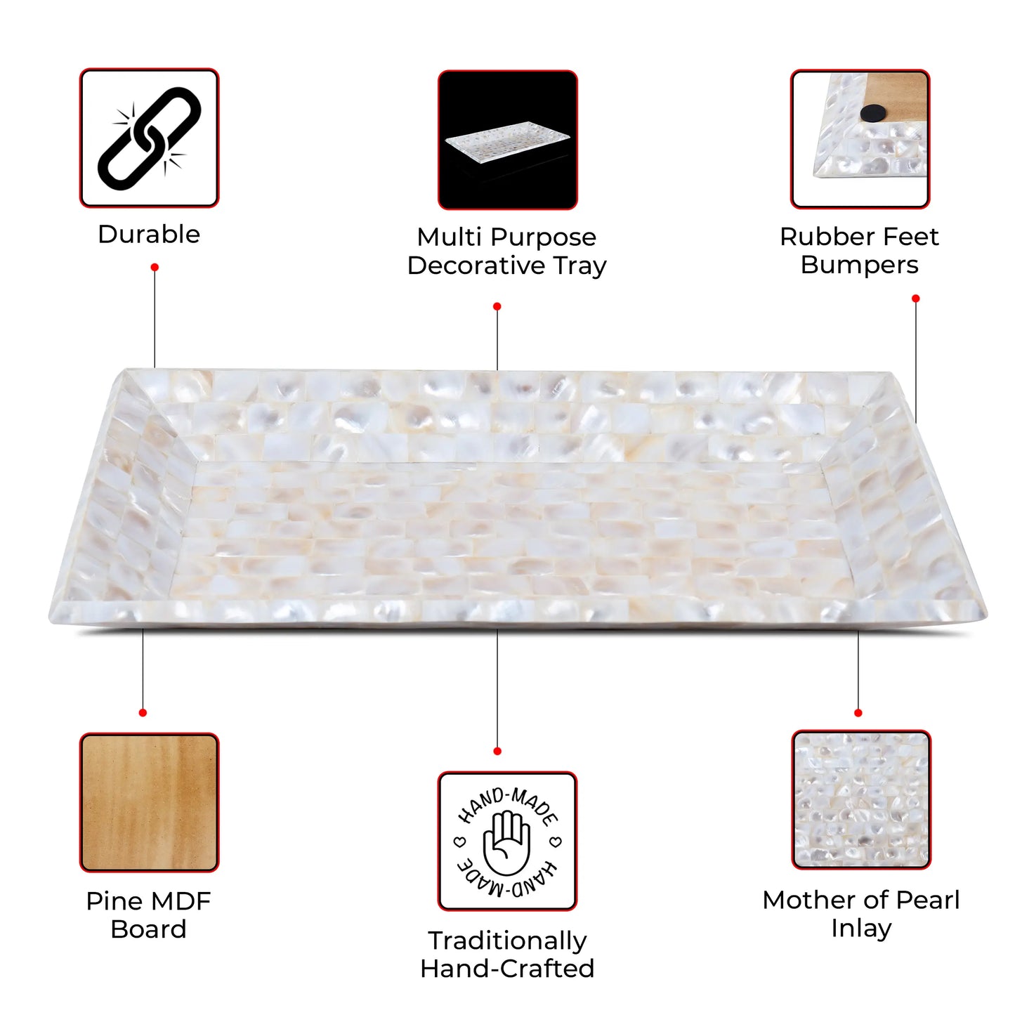 Decorative Trays Mother of Pearl Collection in 12x7 Inch, White