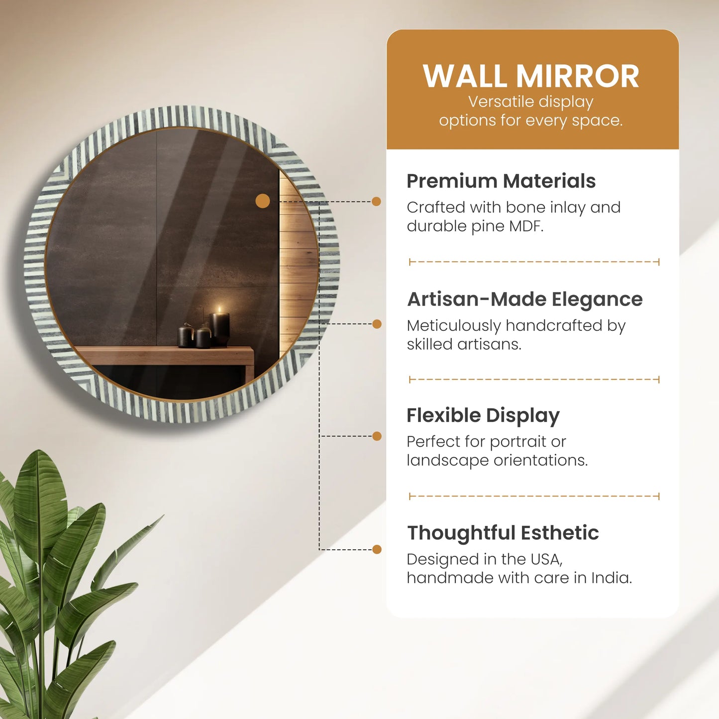 Round Chevron Bone Inlay Wall Hanging Mirror Frame – 24" Dia