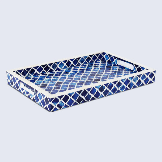 Decorative Trays Moroccan Pattern Bone & Resin Inlay Collection in 3 Sizes, Blue & White