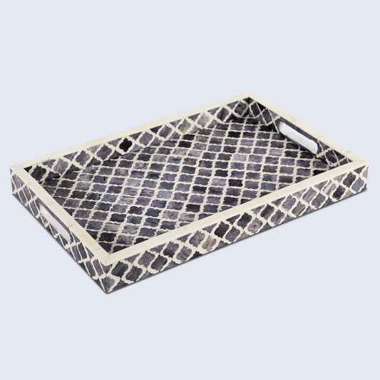 Decorative Trays Moroccan Pattern Bone & Resin Inlay Collection in 3 Sizes, Grey & White