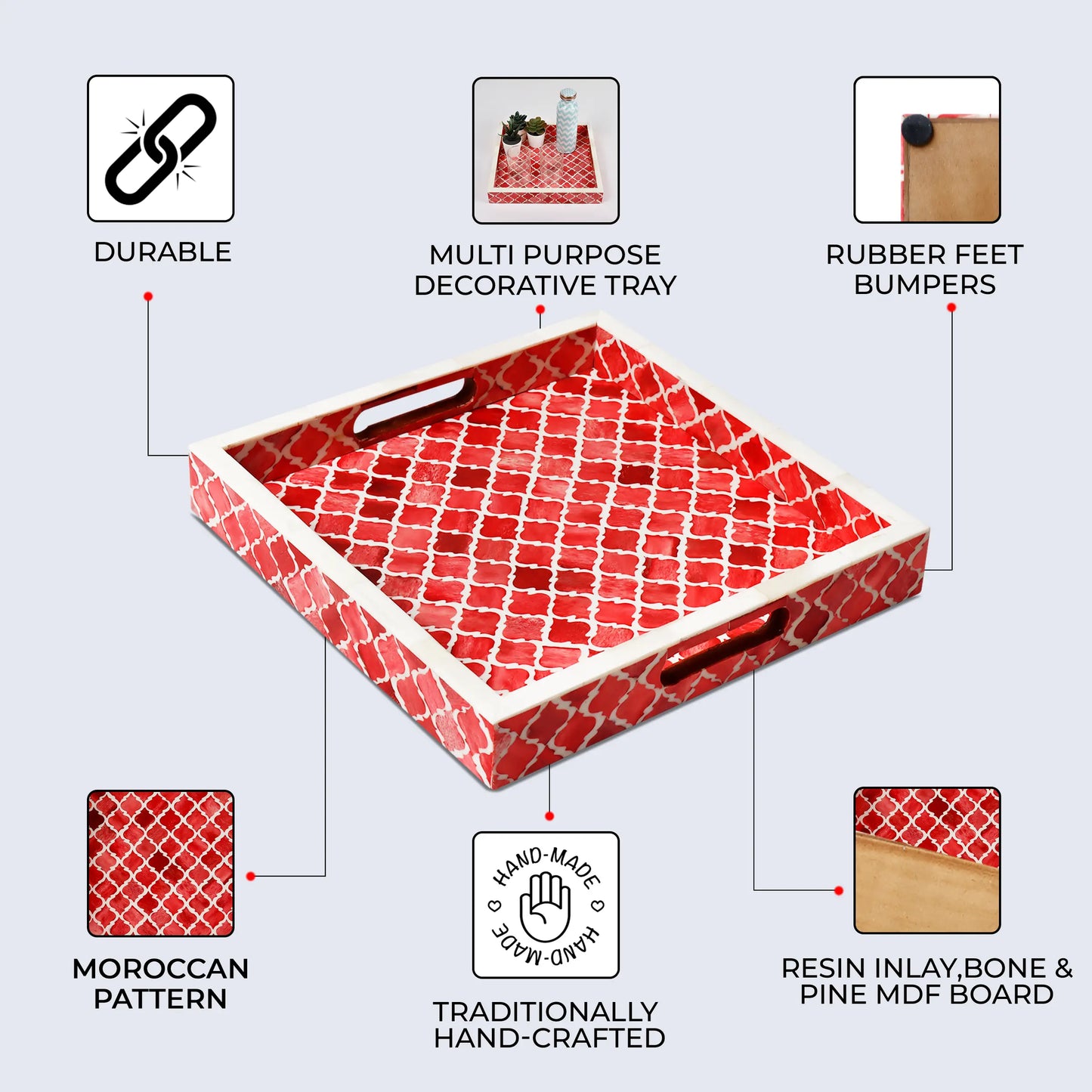Decorative Trays Moroccan Pattern Bone & Resin Inlay Collection in 3 Sizes, Red & White