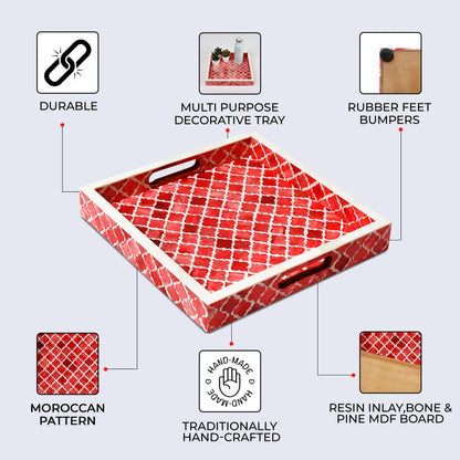 Decorative Trays Moroccan Pattern Bone & Resin Inlay Collection in 3 Sizes, Red & White