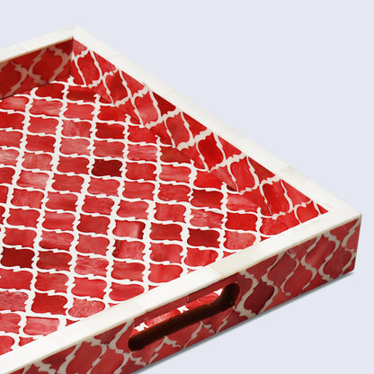 Decorative Trays Moroccan Pattern Bone & Resin Inlay Collection in 3 Sizes, Red & White