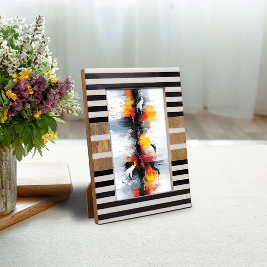 Wood & Resin Inlay Striped Picture Frame, Black & White