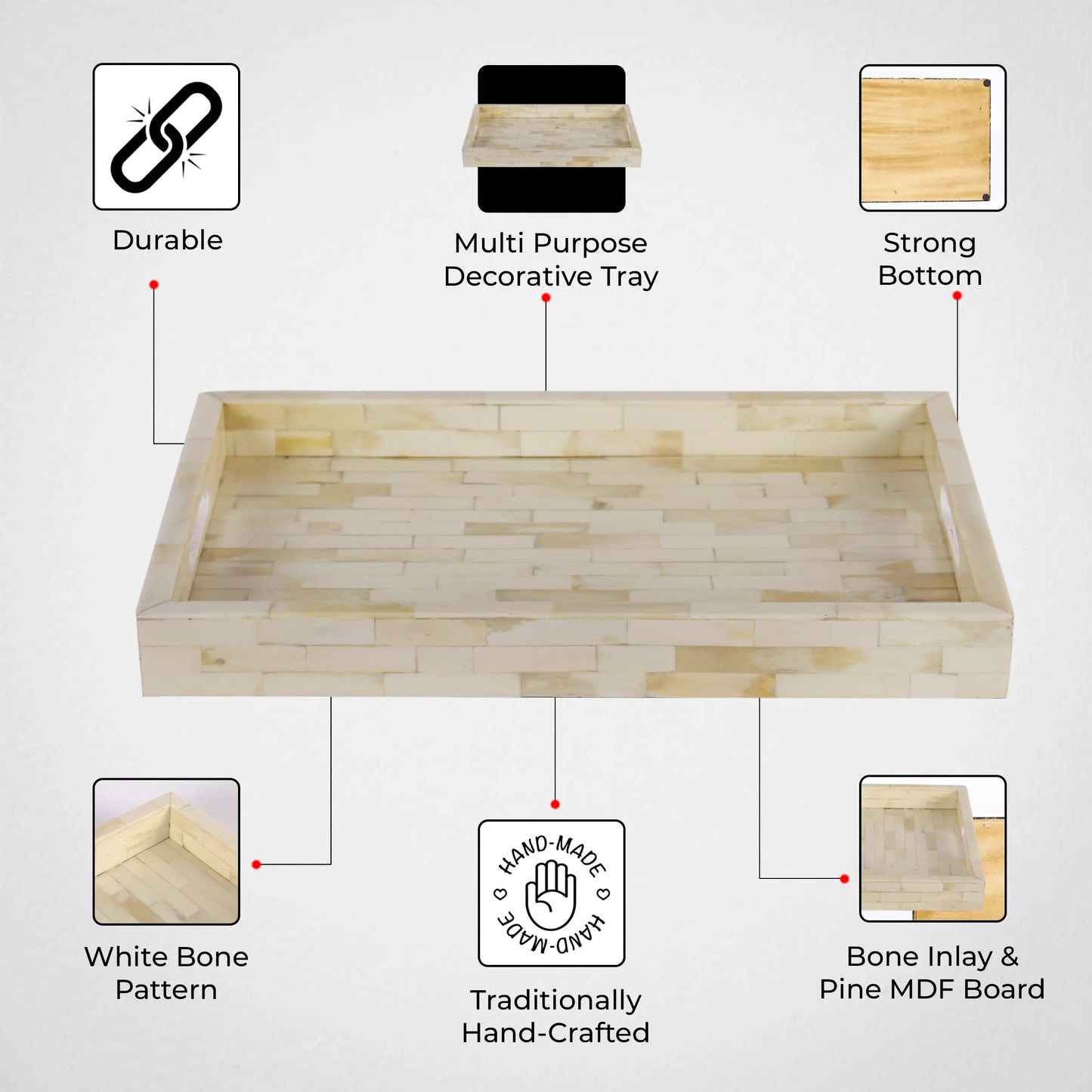 Decorative Trays Plain White Pattern Bone Inlay Collection in 2 Sizes