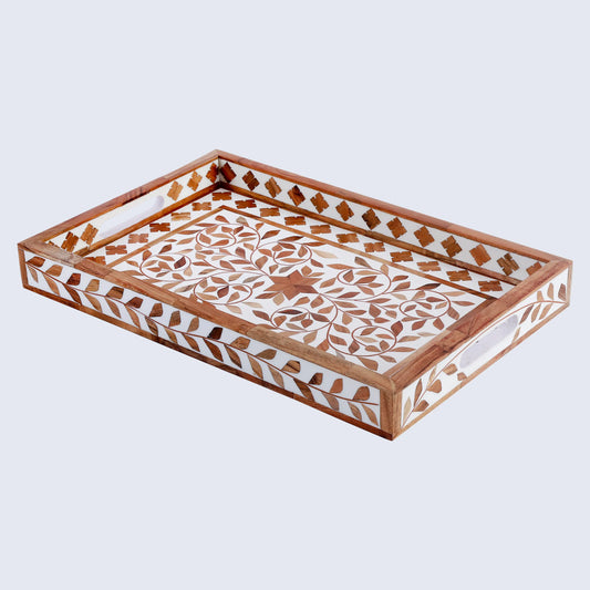 Decorative Tray Alhambra El Plato Pattern Wood & Resin Inlay Collection in 11x17, Brown & White