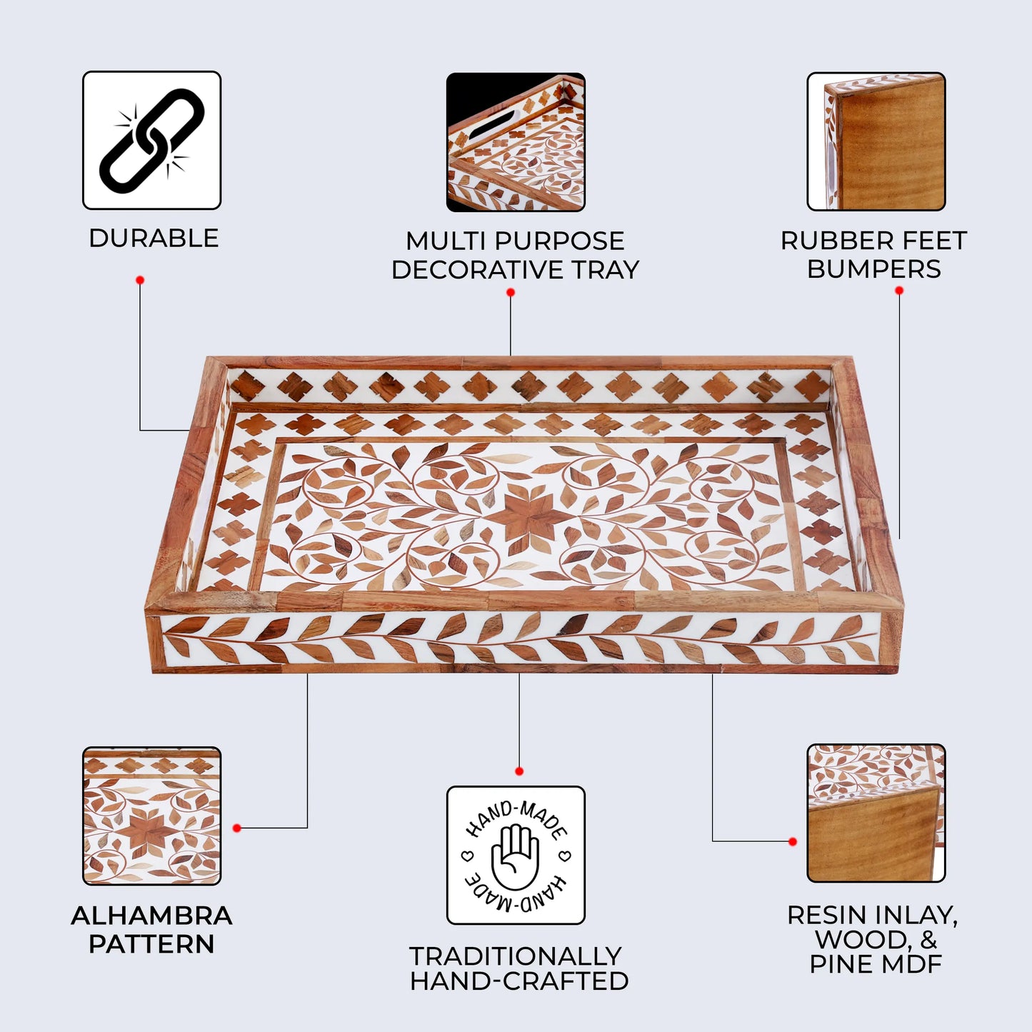 Decorative Tray Alhambra El Plato Pattern Wood & Resin Inlay Collection in 11x17, Brown & White