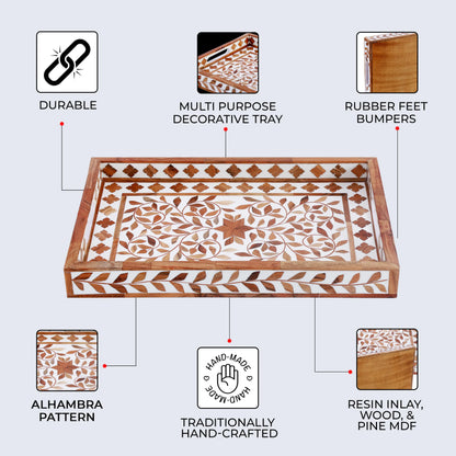 Decorative Tray Alhambra El Plato Pattern Wood & Resin Inlay Collection in 11x17, Brown & White