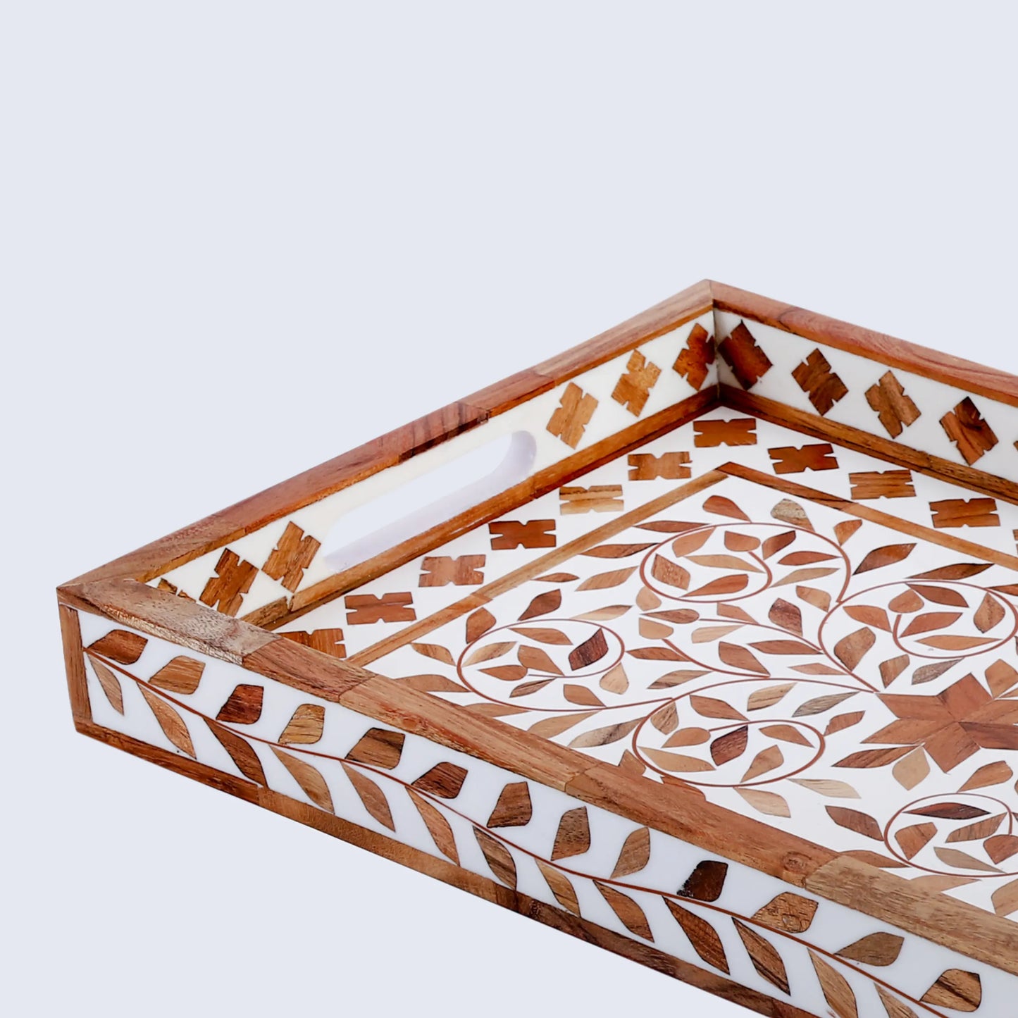 Decorative Tray Alhambra El Plato Pattern Wood & Resin Inlay Collection in 11x17, Brown & White