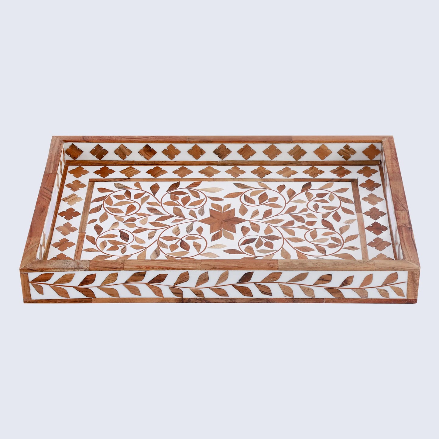 Decorative Tray Alhambra El Plato Pattern Wood & Resin Inlay Collection in 11x17, Brown & White