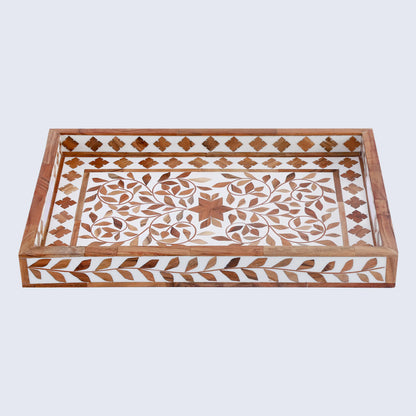 Decorative Tray Alhambra El Plato Pattern Wood & Resin Inlay Collection in 11x17, Brown & White
