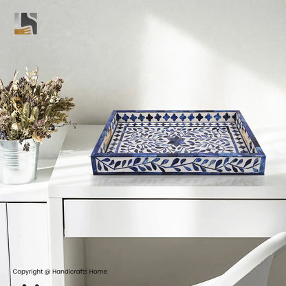 Decorative Trays Alhambra Azul Pattern Bone & Resin Inlay Collection in 2 Sizes