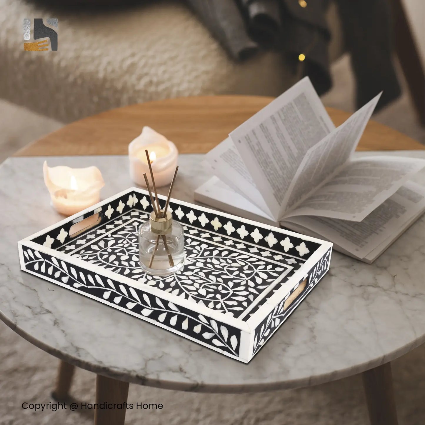 Decorative Trays Alhambra Negra Pattern Bone & Resin Inlay Collection in 2 Sizes